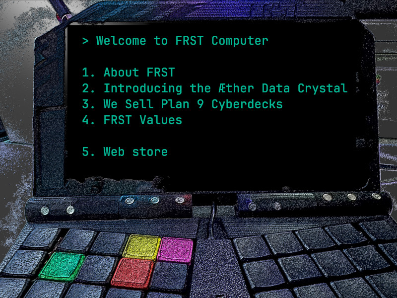 The site's main menu displayed glowingly against a stylized photograph of a real FRST Computer Model 3 Cyberdeck